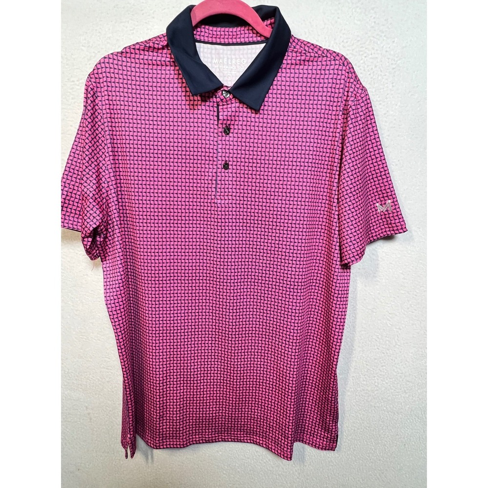 MAELREG Mens Large Pink Navy Geometric Performance Golf Polo Shirt Short Sleeve